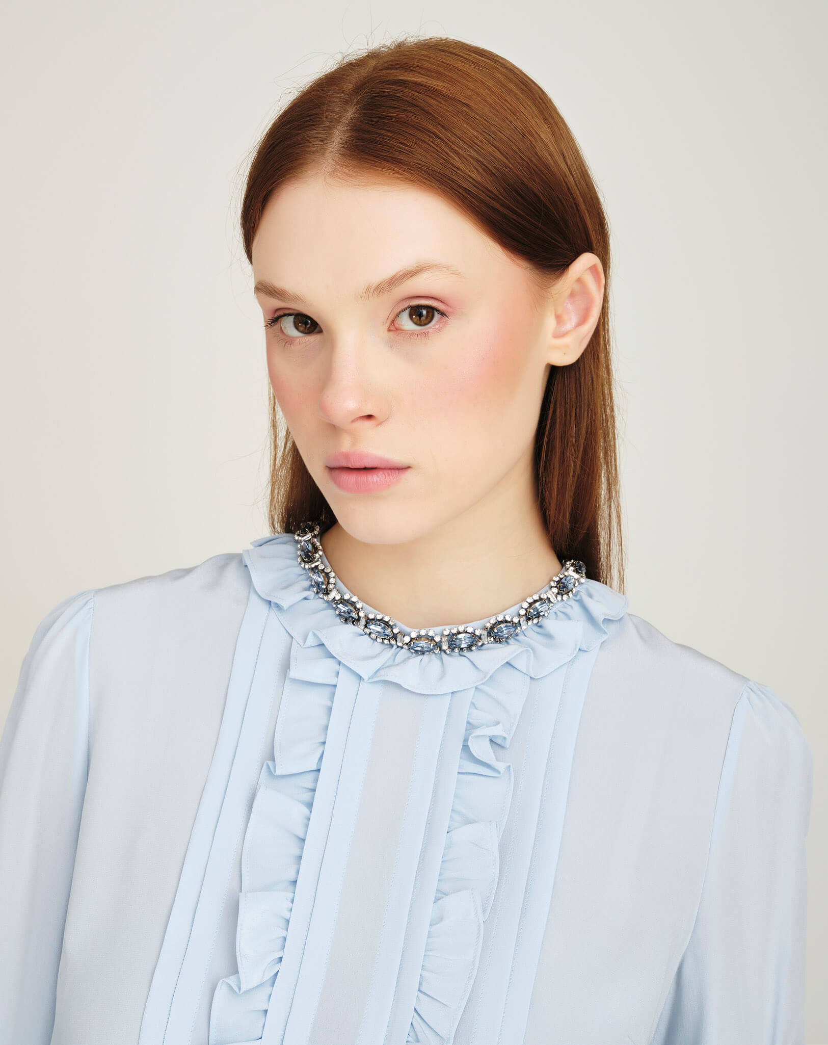 Miu Miu - Baby Blue Ruffled Crystal Collar Embellished Blouse IT 42